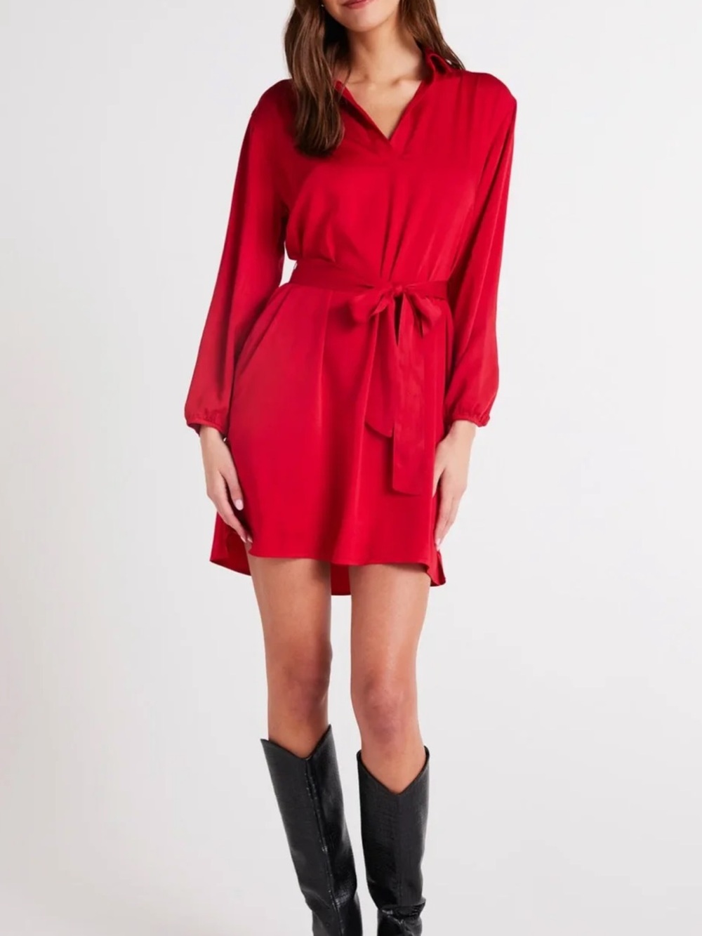 Bella Dahl Crimson Red Long-Sleeve Tie-Waist Dress